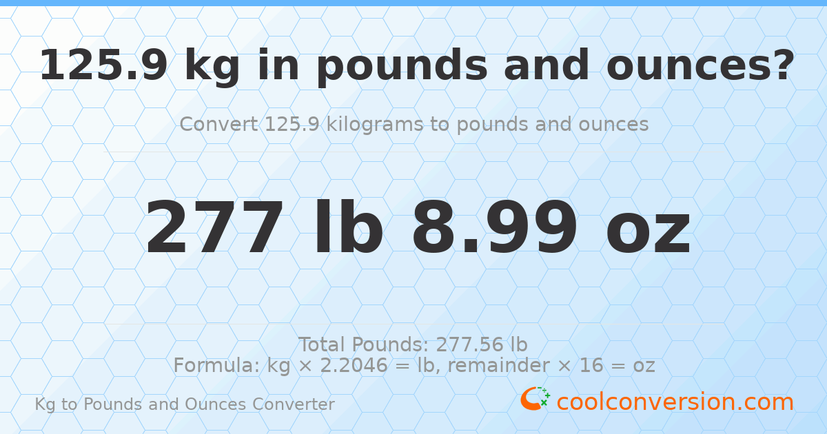 125.9 kg to lbs and oz — 125.9 kg = 277 lb 8.99 oz