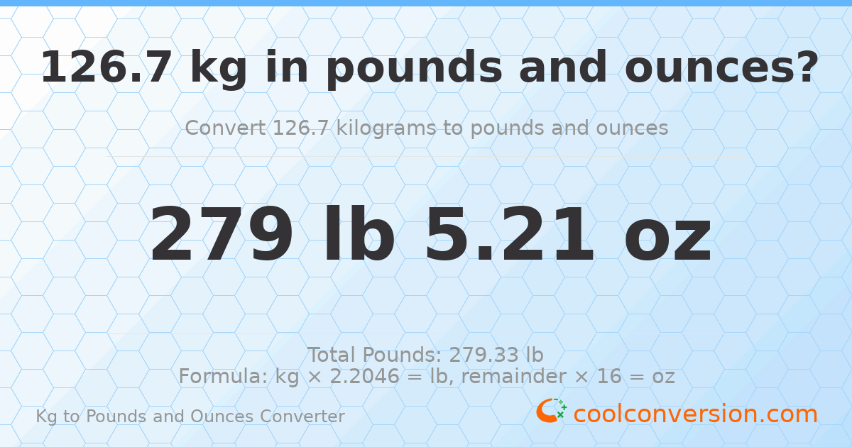 126.7 kg to lbs and oz — 126.7 kg = 279 lb 5.21 oz