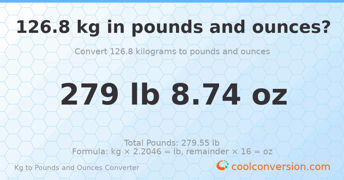 126.8 kg to lbs and oz — 126.8 kg = 279 lb 8.74 oz