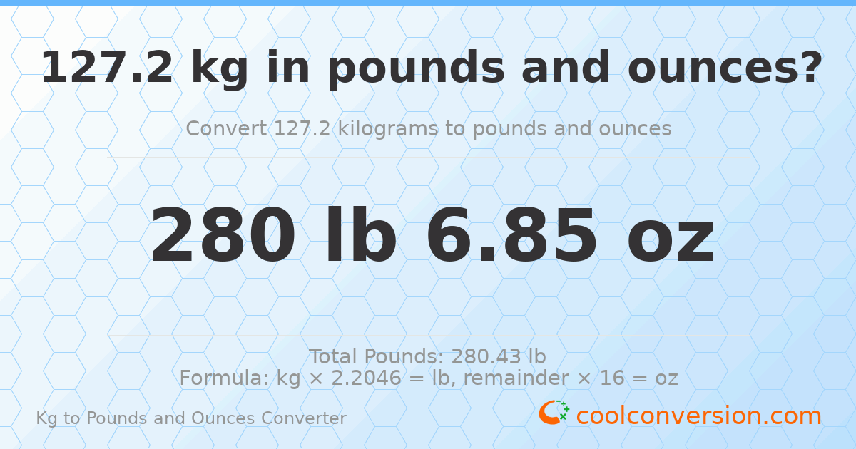 127.2 kg to lbs and oz — 127.2 kg = 280 lb 6.85 oz
