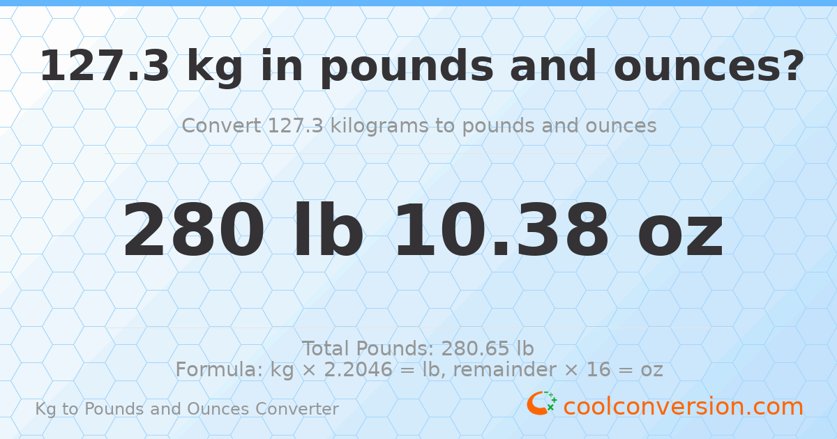 127.3 kg to lbs and oz — 127.3 kg = 280 lb 10.38 oz