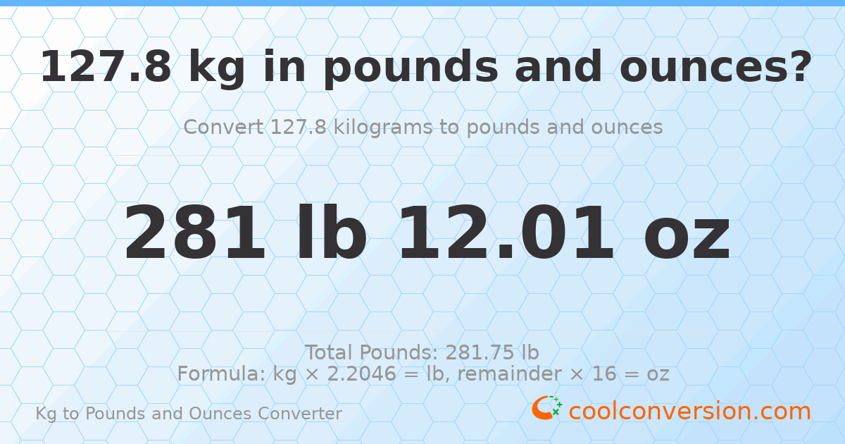 127.8 kg to lbs and oz — 127.8 kg = 281 lb 12.01 oz