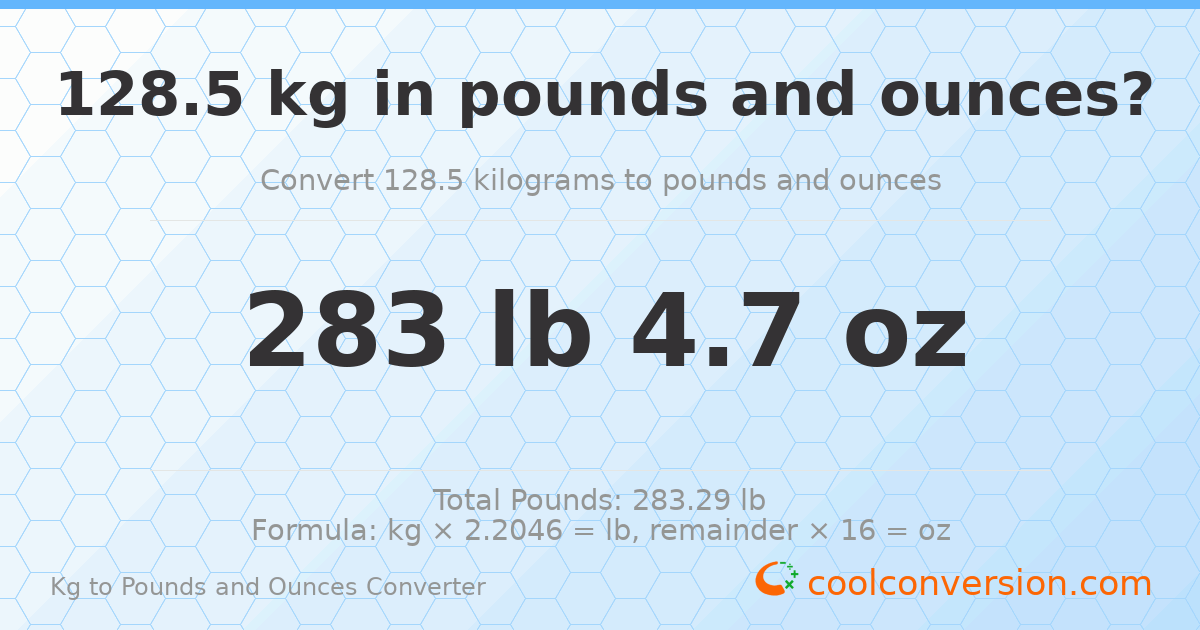 128.5 kg to lbs and oz — 128.5 kg = 283 lb 4.7 oz