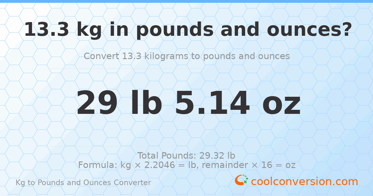 13.3 kg to lbs and oz — 13.3 kg = 29 lb 5.14 oz