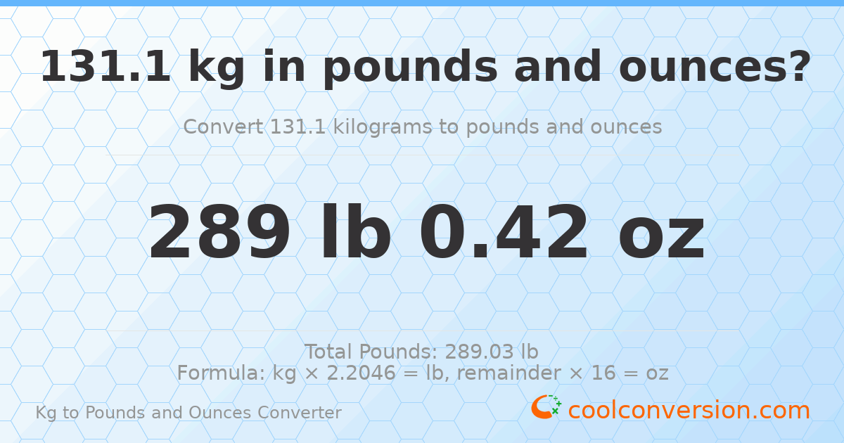 131.1 kg to lbs and oz — 131.1 kg = 289 lb 0.42 oz