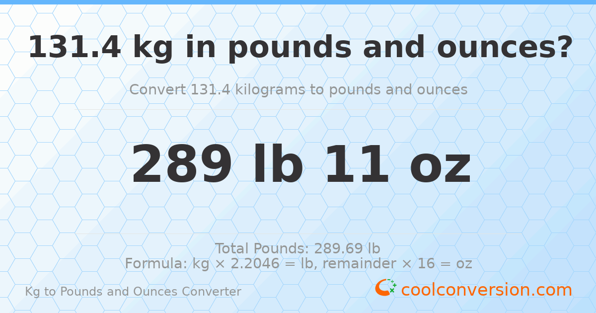 131.4 kg to lbs and oz — 131.4 kg = 289 lb 11 oz