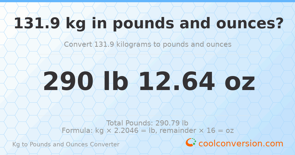 131.9 kg to lbs and oz — 131.9 kg = 290 lb 12.64 oz