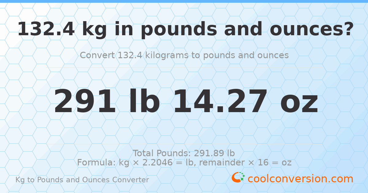 132.4 kg to lbs and oz — 132.4 kg = 291 lb 14.27 oz