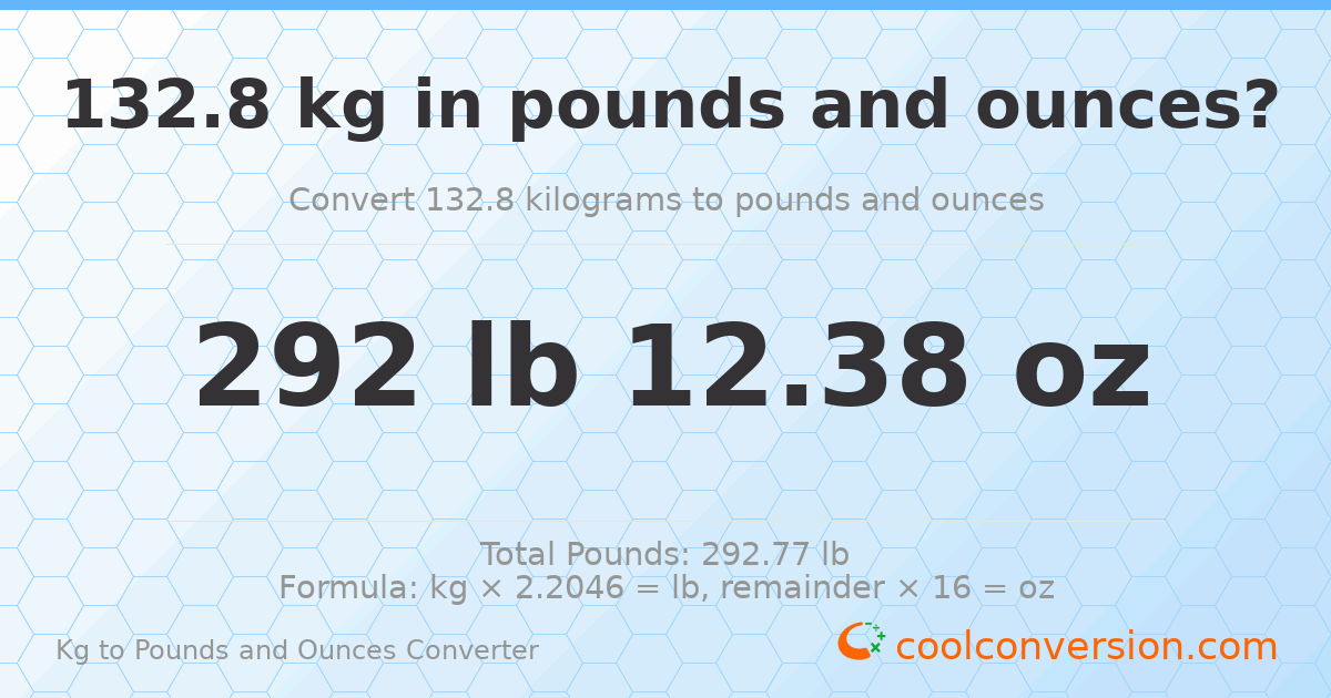 132.8 kg to lbs and oz — 132.8 kg = 292 lb 12.38 oz