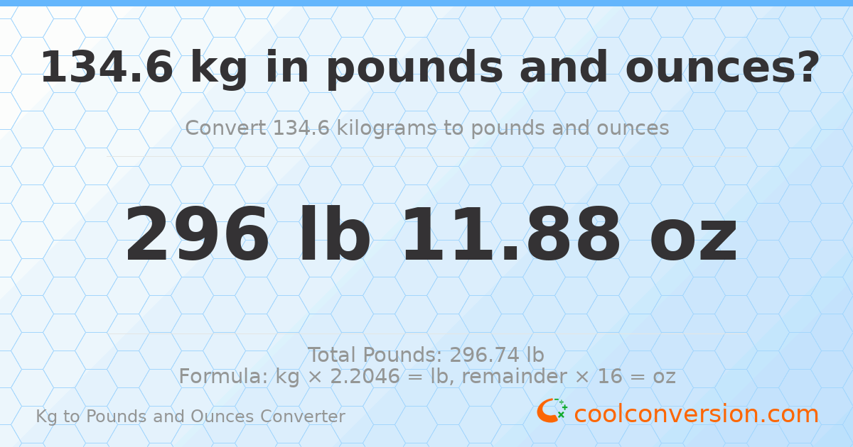 134.6 kg to lbs and oz — 134.6 kg = 296 lb 11.88 oz