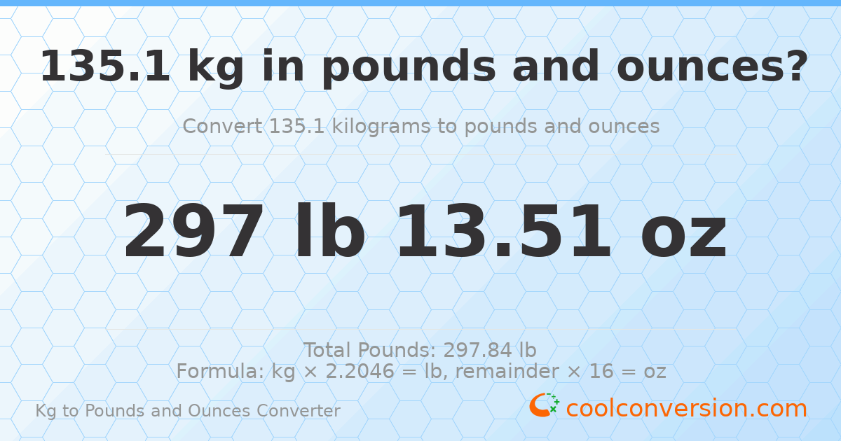 135.1 kg to lbs and oz — 135.1 kg = 297 lb 13.51 oz