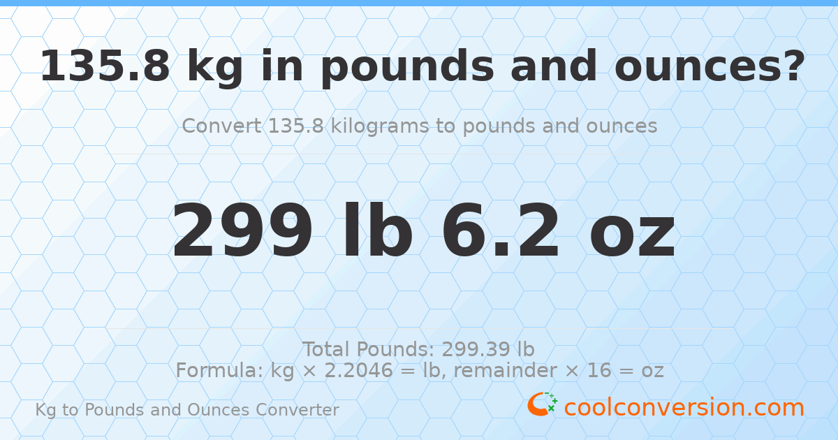 135.8 kg to lbs and oz — 135.8 kg = 299 lb 6.2 oz