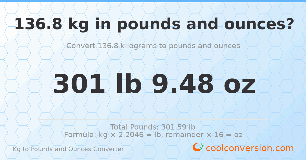 136.8 kg to lbs and oz — 136.8 kg = 301 lb 9.48 oz