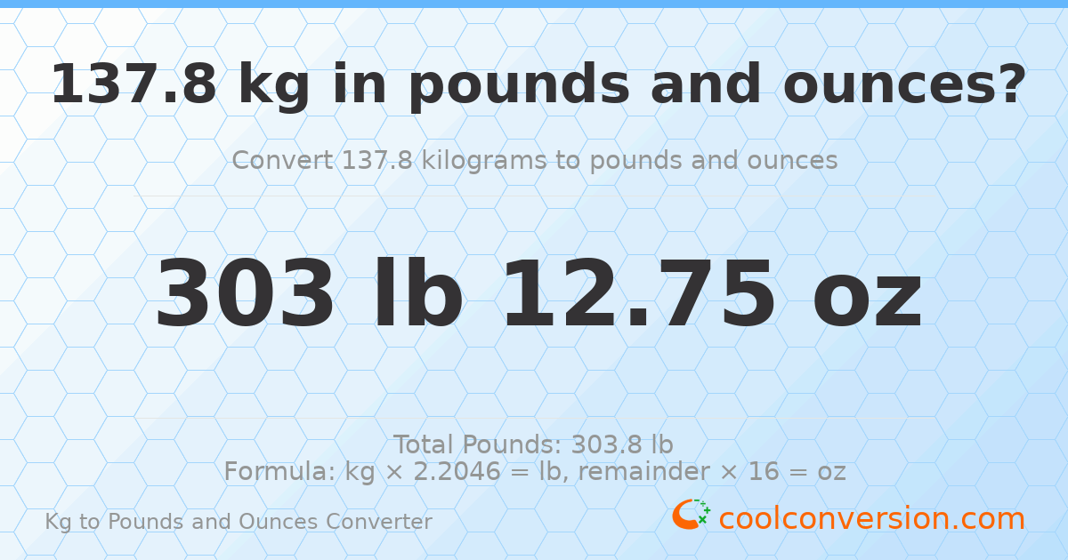 137.8 kg to lbs and oz — 137.8 kg = 303 lb 12.75 oz