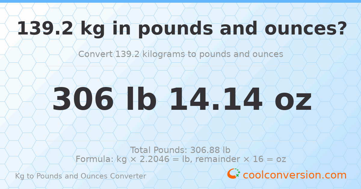 139.2 kg to lbs and oz — 139.2 kg = 306 lb 14.14 oz