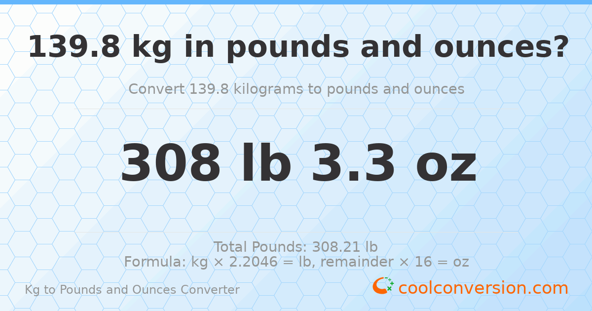 139.8 kg to lbs and oz — 139.8 kg = 308 lb 3.3 oz