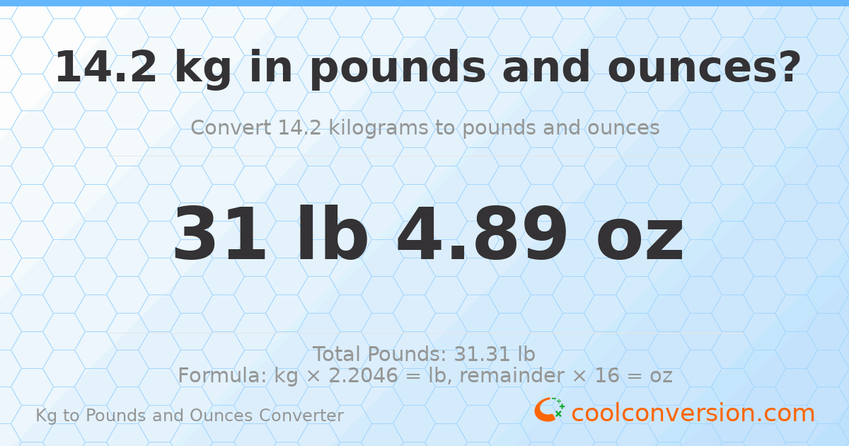 14.2 kg to lbs and oz — 14.2 kg = 31 lb 4.89 oz
