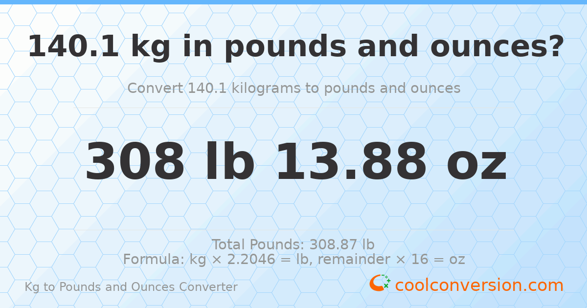 140.1 kg to lbs and oz — 140.1 kg = 308 lb 13.88 oz