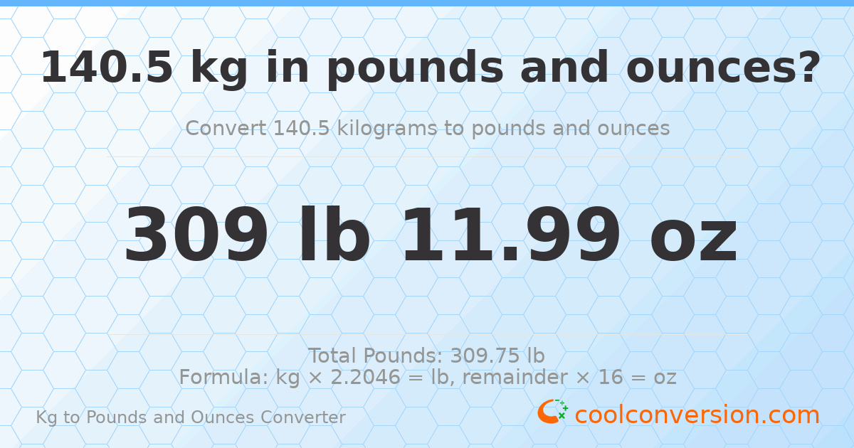 140.5 kg to lbs and oz — 140.5 kg = 309 lb 11.99 oz