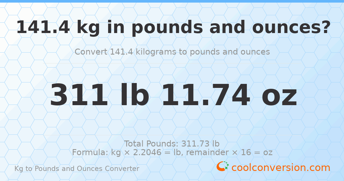 141.4 kg to lbs and oz — 141.4 kg = 311 lb 11.74 oz