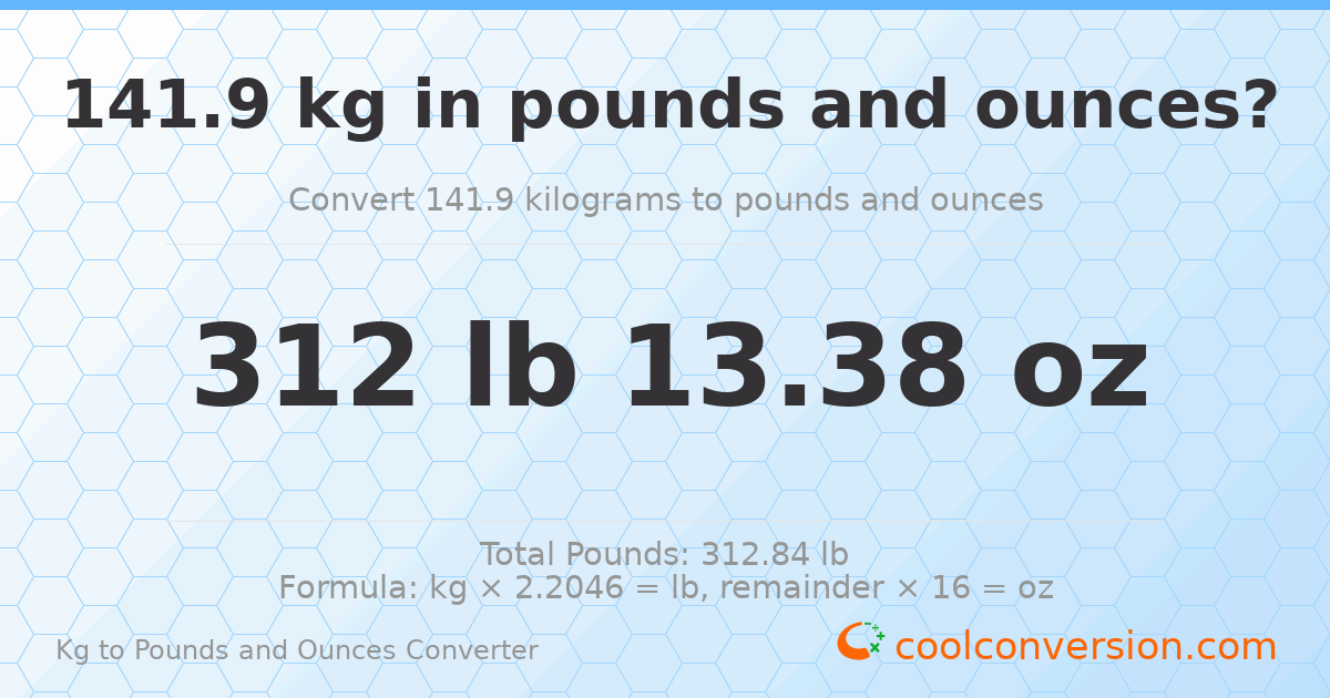 141.9 kg to lbs and oz — 141.9 kg = 312 lb 13.38 oz
