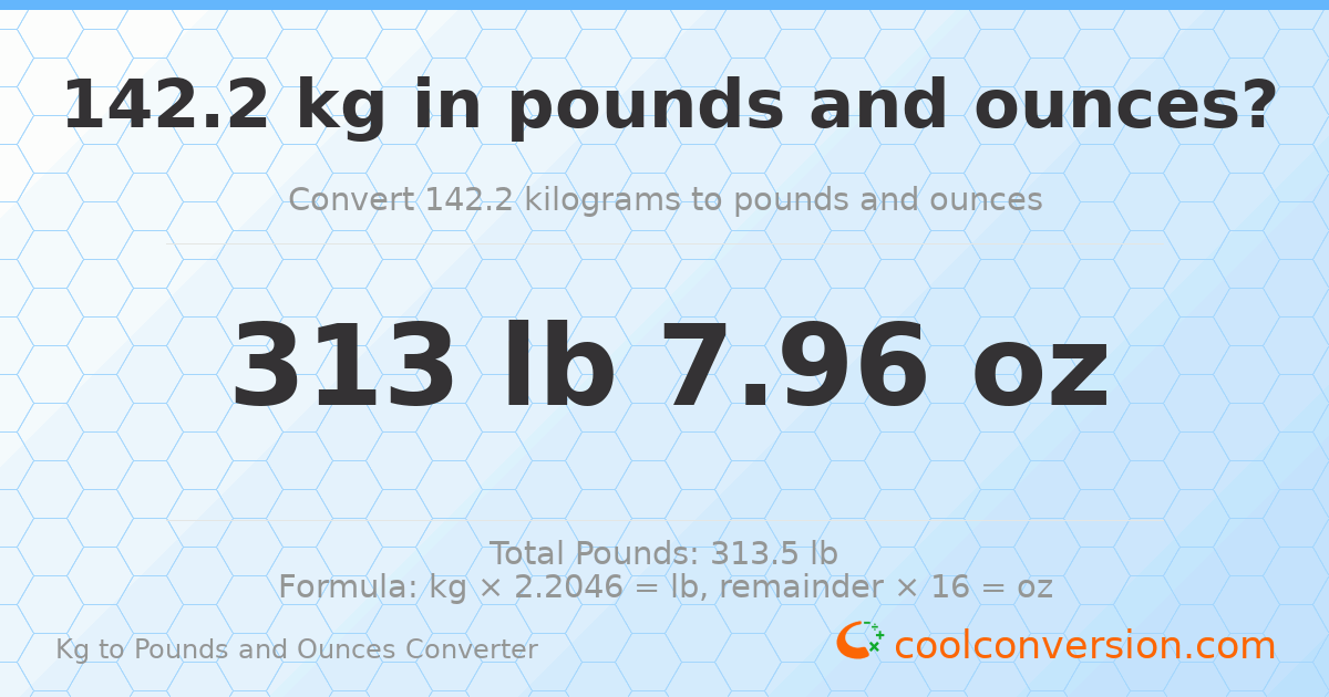 142.2 kg to lbs and oz — 142.2 kg = 313 lb 7.96 oz