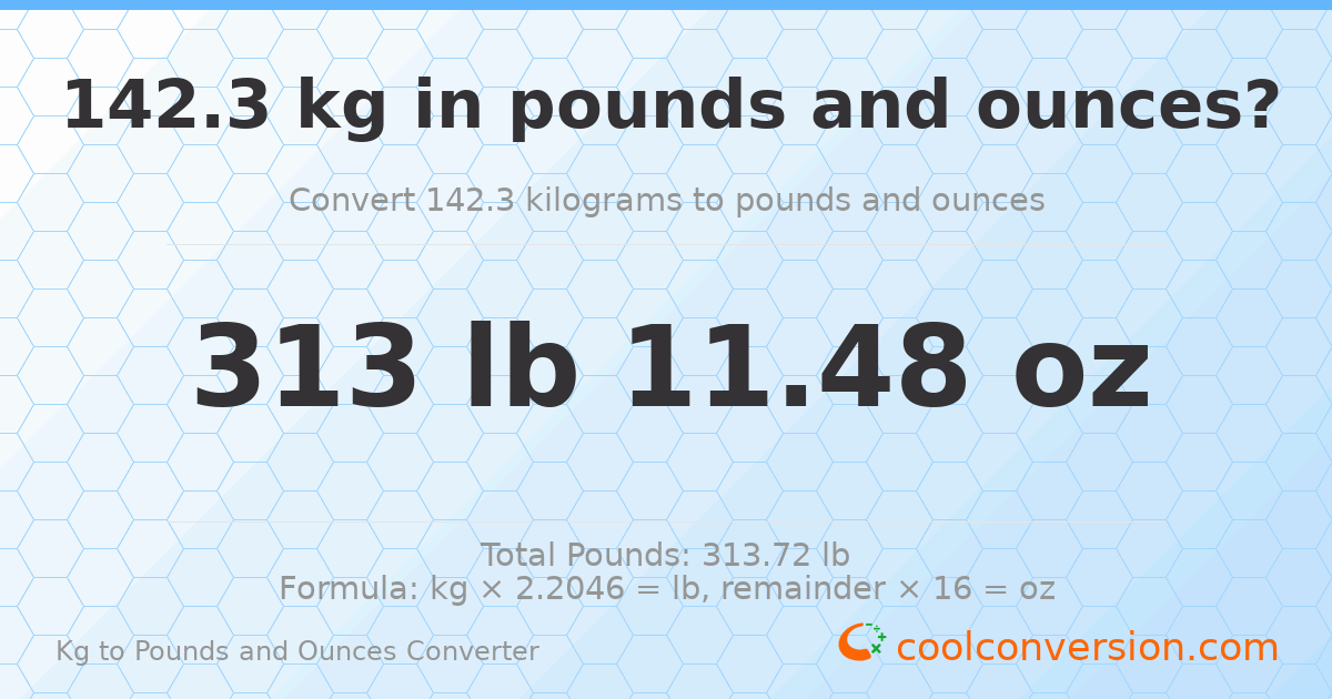 142.3 kg to lbs and oz — 142.3 kg = 313 lb 11.48 oz