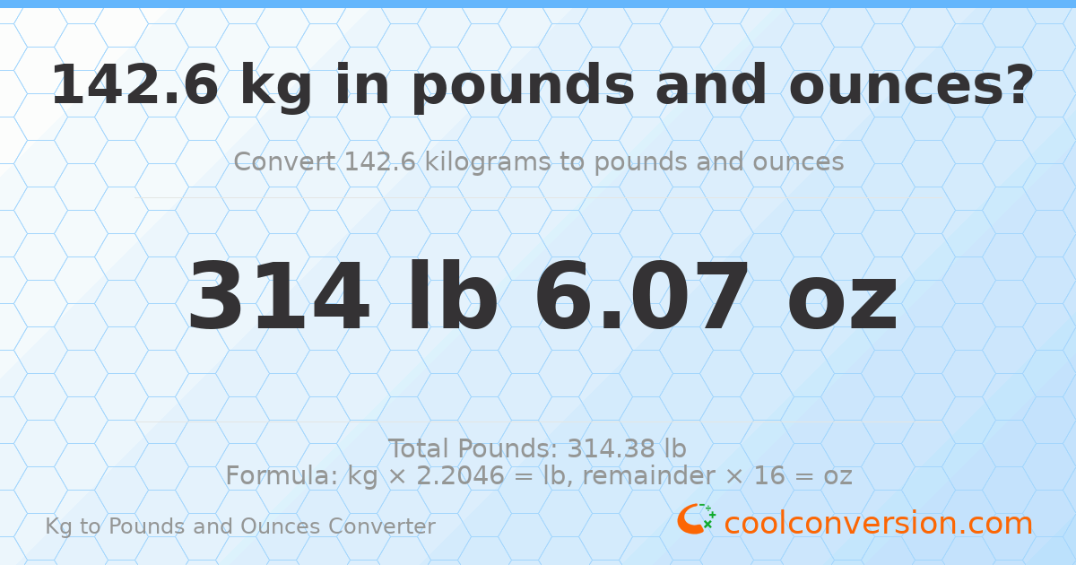 142.6 kg to lbs and oz — 142.6 kg = 314 lb 6.07 oz