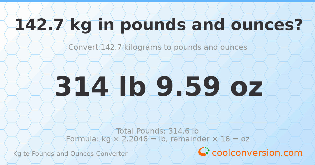 142.7 kg to lbs and oz — 142.7 kg = 314 lb 9.59 oz