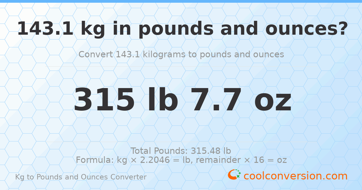 143.1 kg to lbs and oz — 143.1 kg = 315 lb 7.7 oz