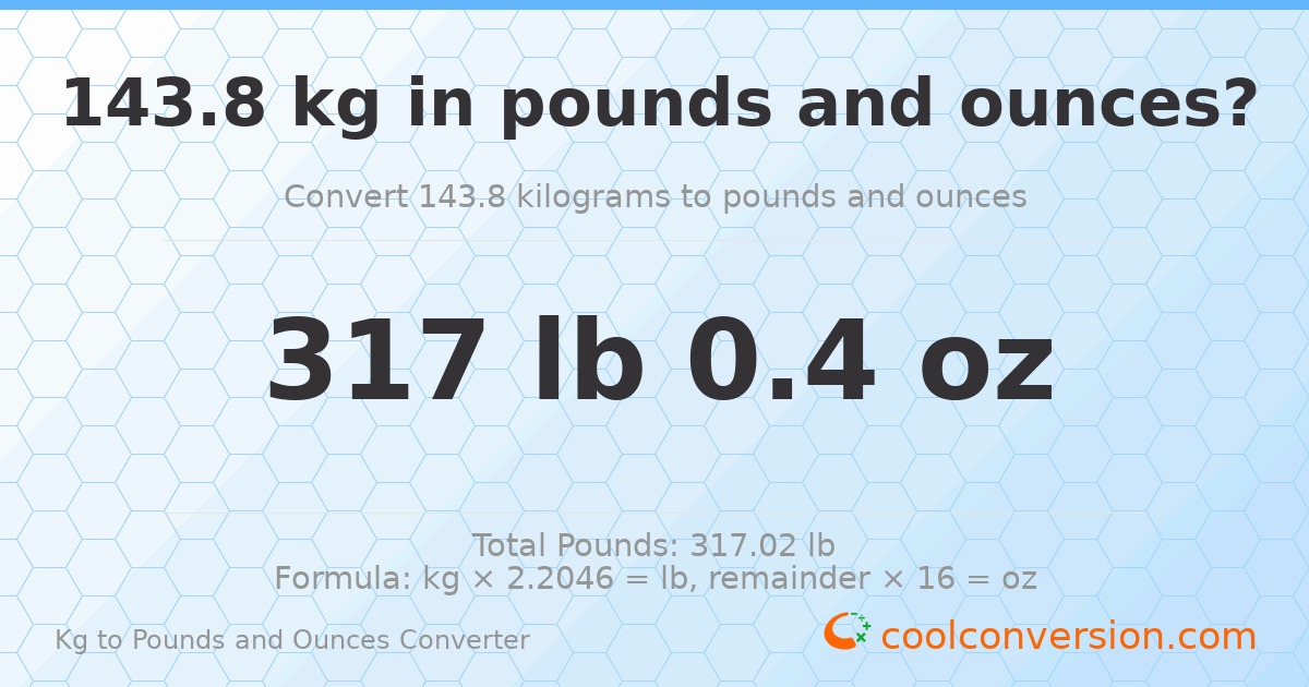 143.8 kg to lbs and oz — 143.8 kg = 317 lb 0.4 oz