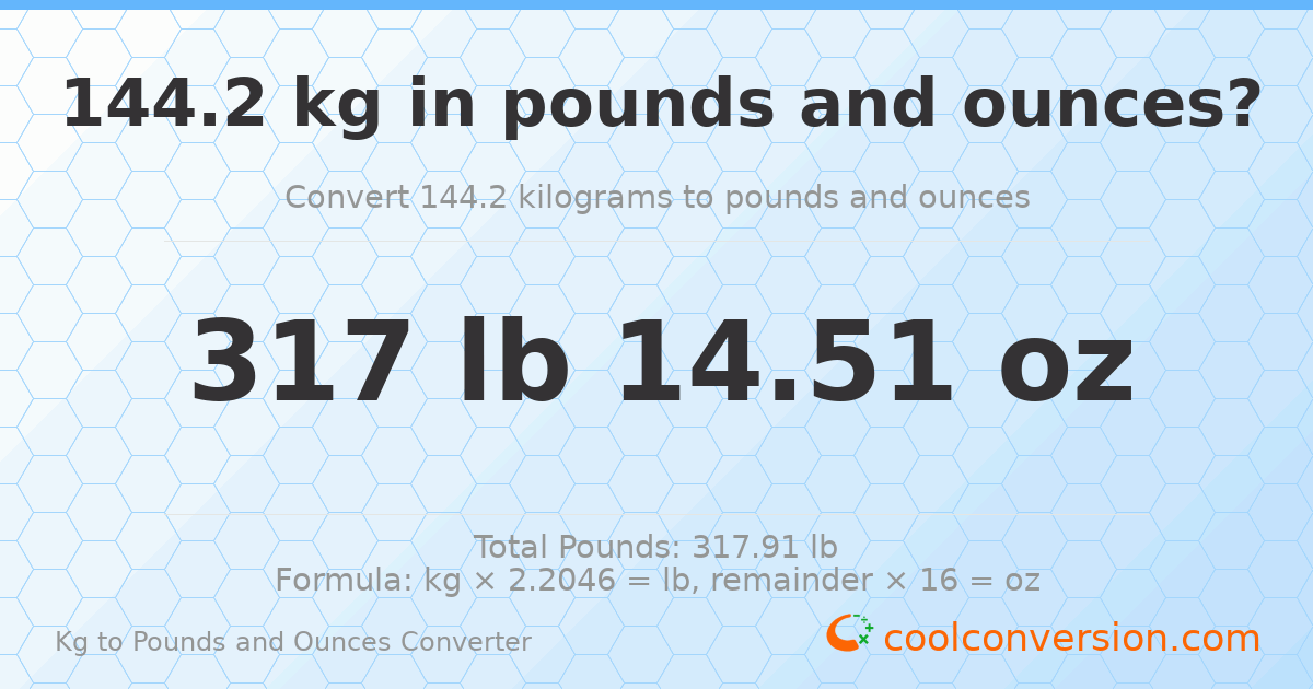 144.2 kg to lbs and oz — 144.2 kg = 317 lb 14.51 oz