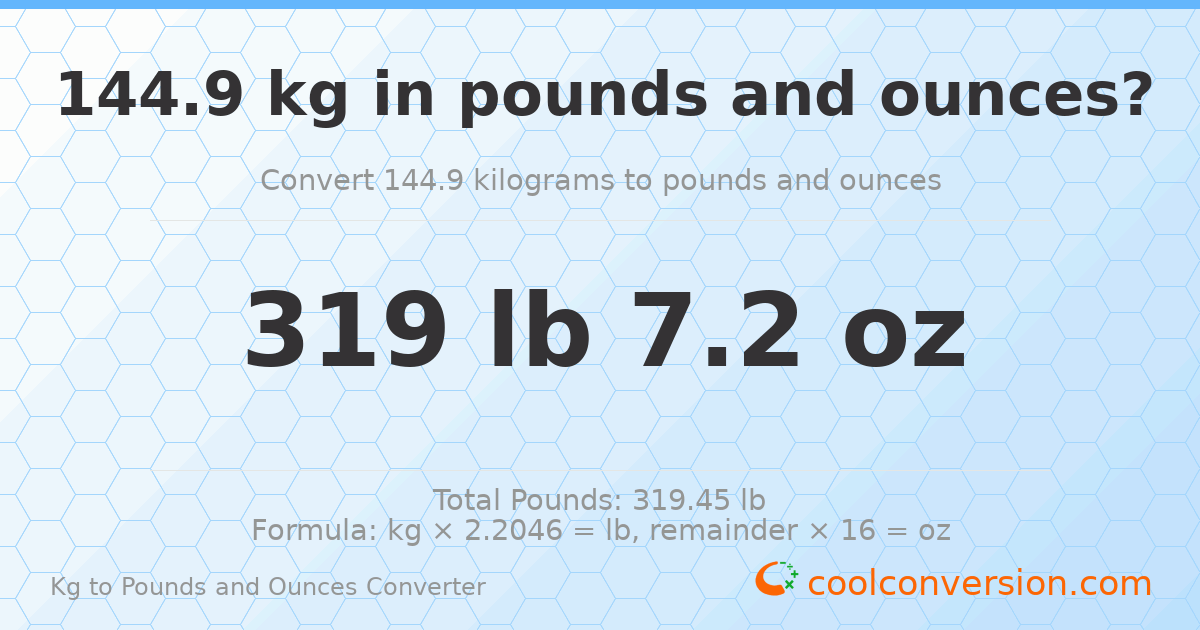 144.9 kg to lbs and oz — 144.9 kg = 319 lb 7.2 oz