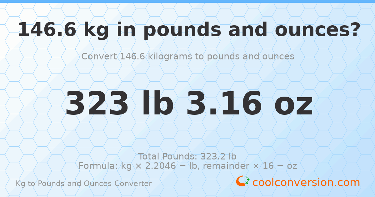 146.6 kg to lbs and oz — 146.6 kg = 323 lb 3.16 oz