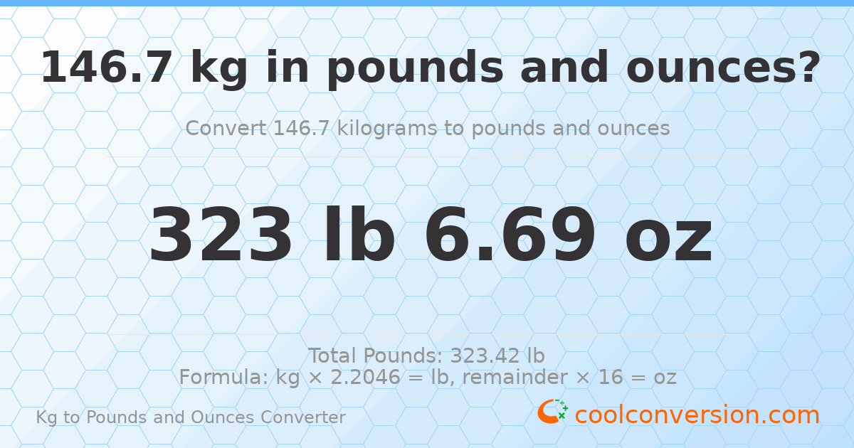 146.7 kg to lbs and oz — 146.7 kg = 323 lb 6.69 oz