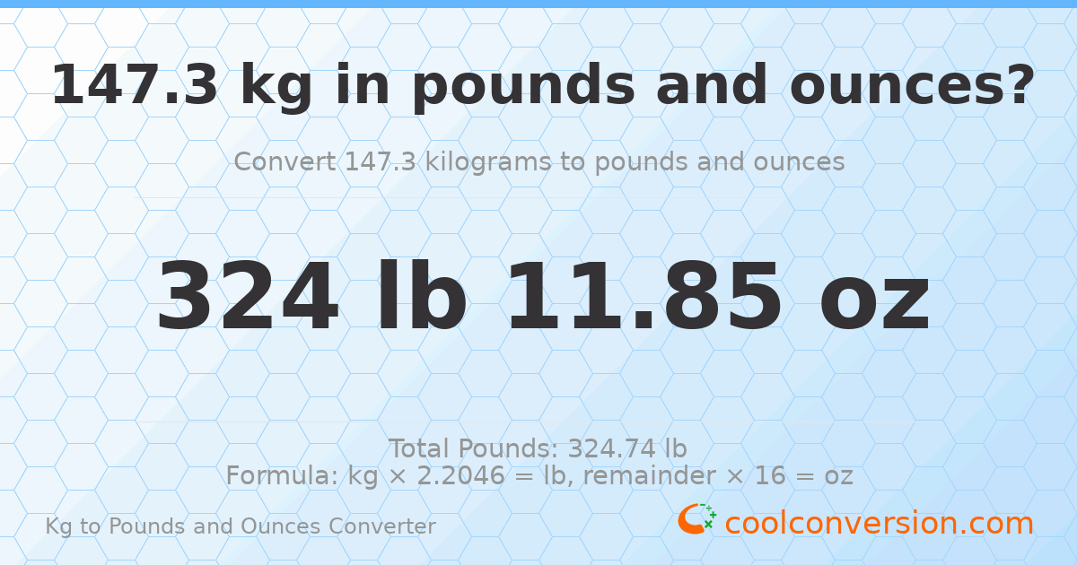 147.3 kg to lbs and oz — 147.3 kg = 324 lb 11.85 oz