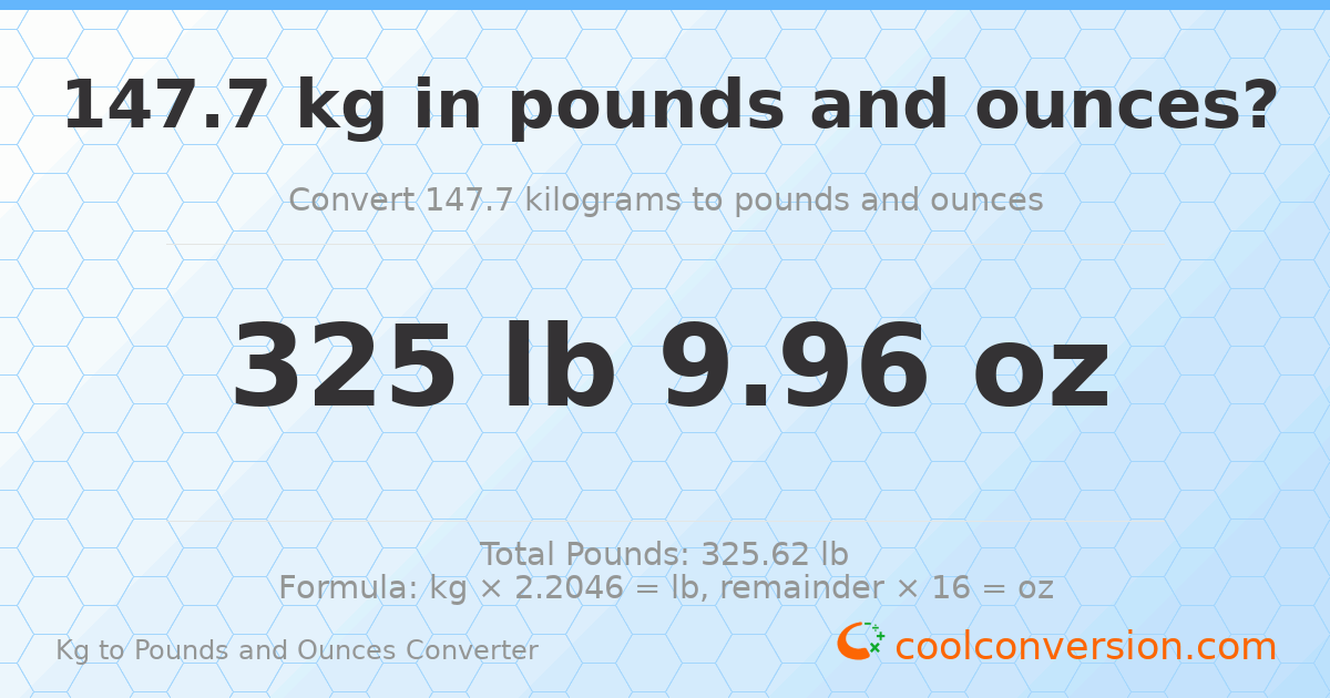 147.7 kg to lbs and oz — 147.7 kg = 325 lb 9.96 oz