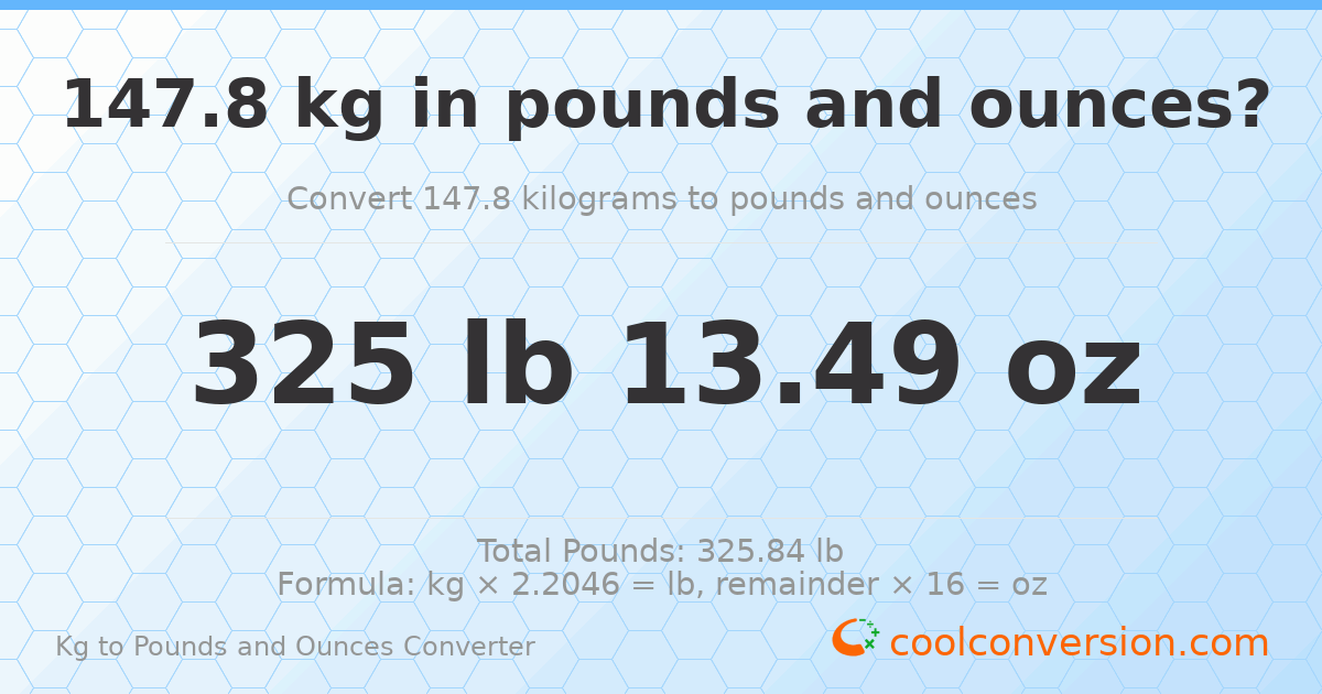 147.8 kg to lbs and oz — 147.8 kg = 325 lb 13.49 oz