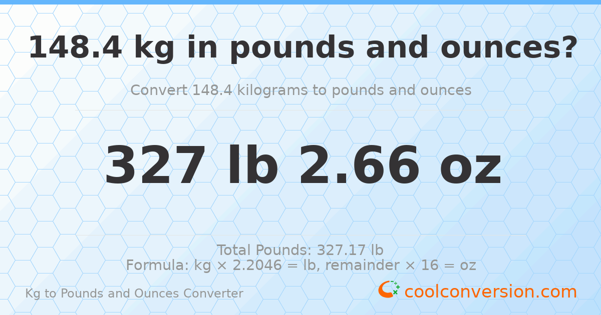 148.4 kg to lbs and oz — 148.4 kg = 327 lb 2.66 oz