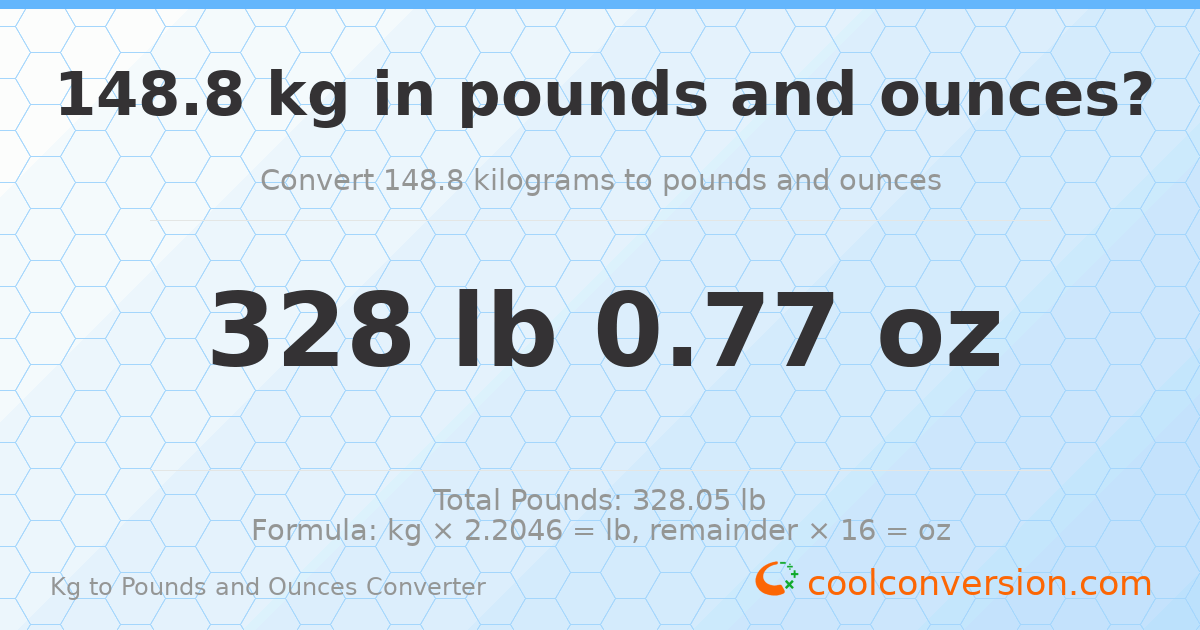 148.8 kg to lbs and oz — 148.8 kg = 328 lb 0.77 oz