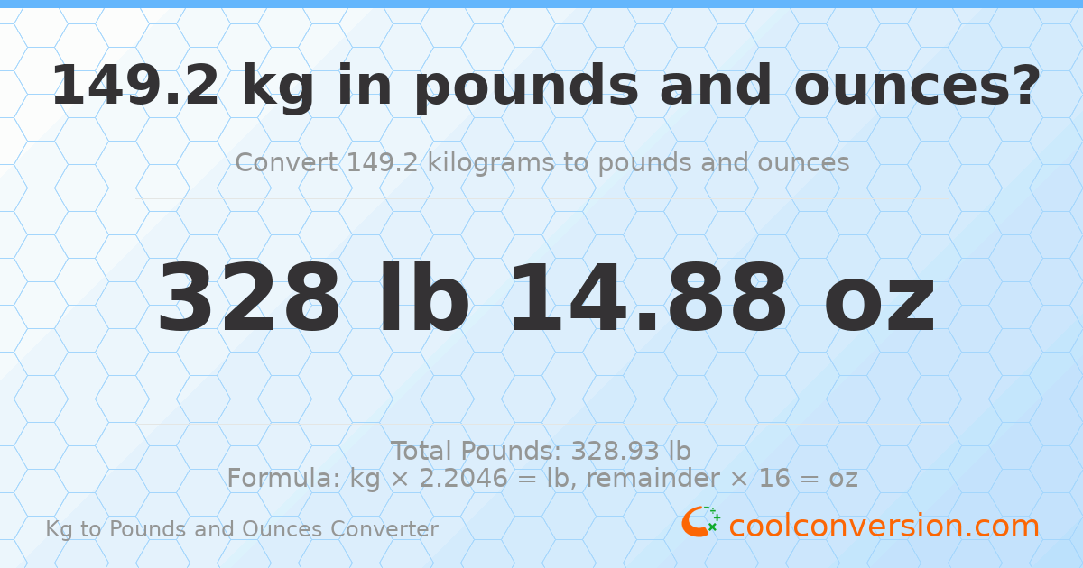 149.2 kg to lbs and oz — 149.2 kg = 328 lb 14.88 oz