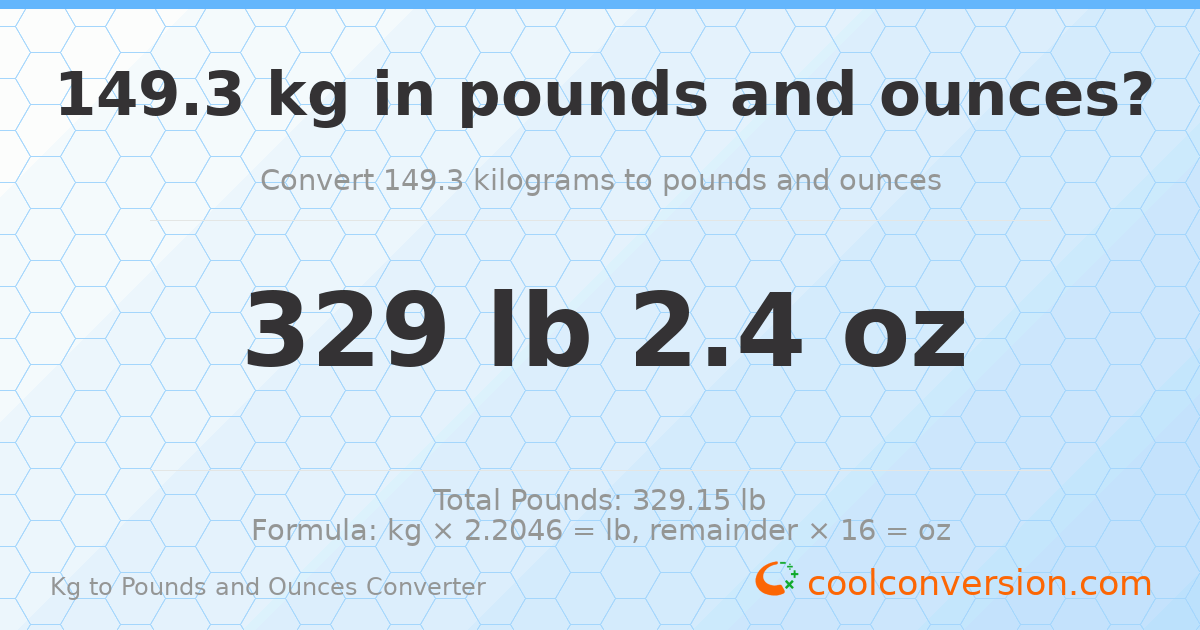 149.3 kg to lbs and oz — 149.3 kg = 329 lb 2.4 oz