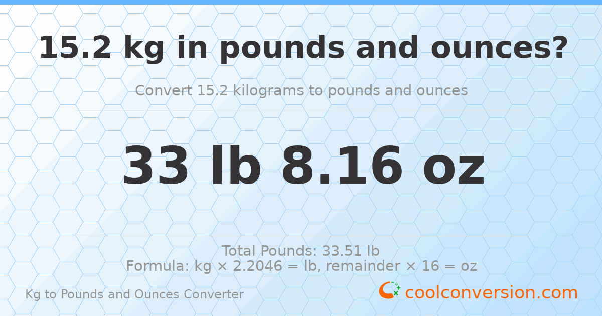 15.2 kg to lbs and oz — 15.2 kg = 33 lb 8.16 oz
