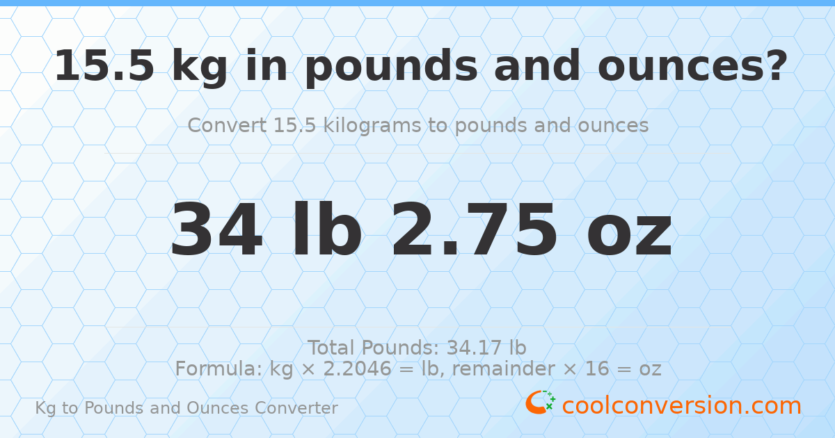 15.5 kg to lbs and oz — 15.5 kg = 34 lb 2.75 oz