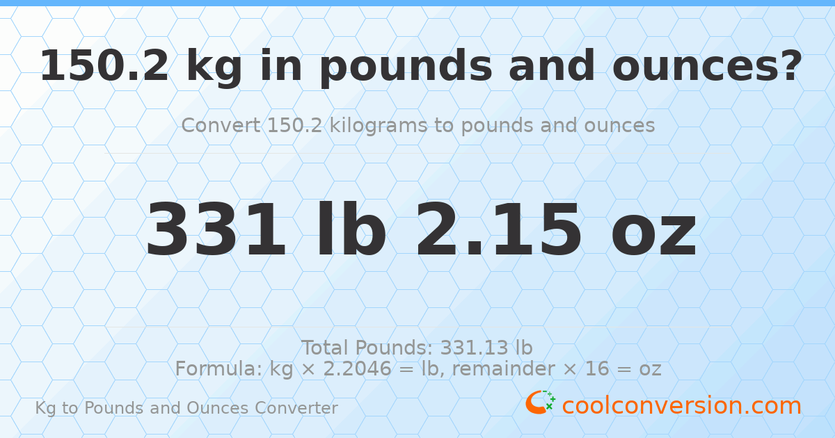 150.2 kg to lbs and oz — 150.2 kg = 331 lb 2.15 oz