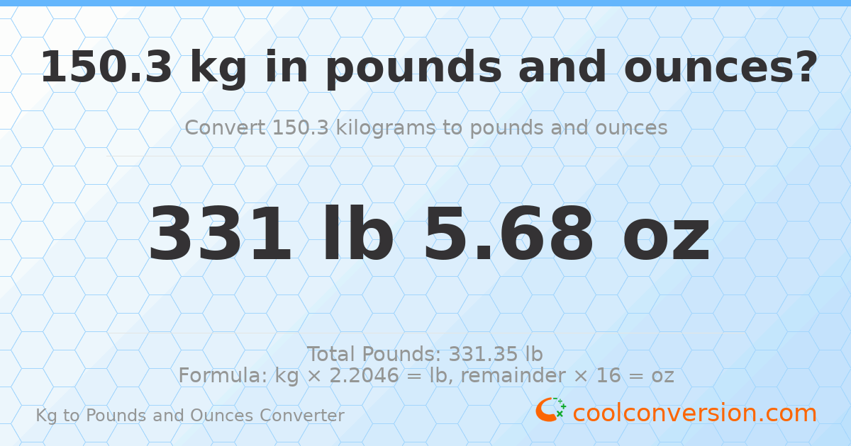 150.3 kg to lbs and oz — 150.3 kg = 331 lb 5.68 oz