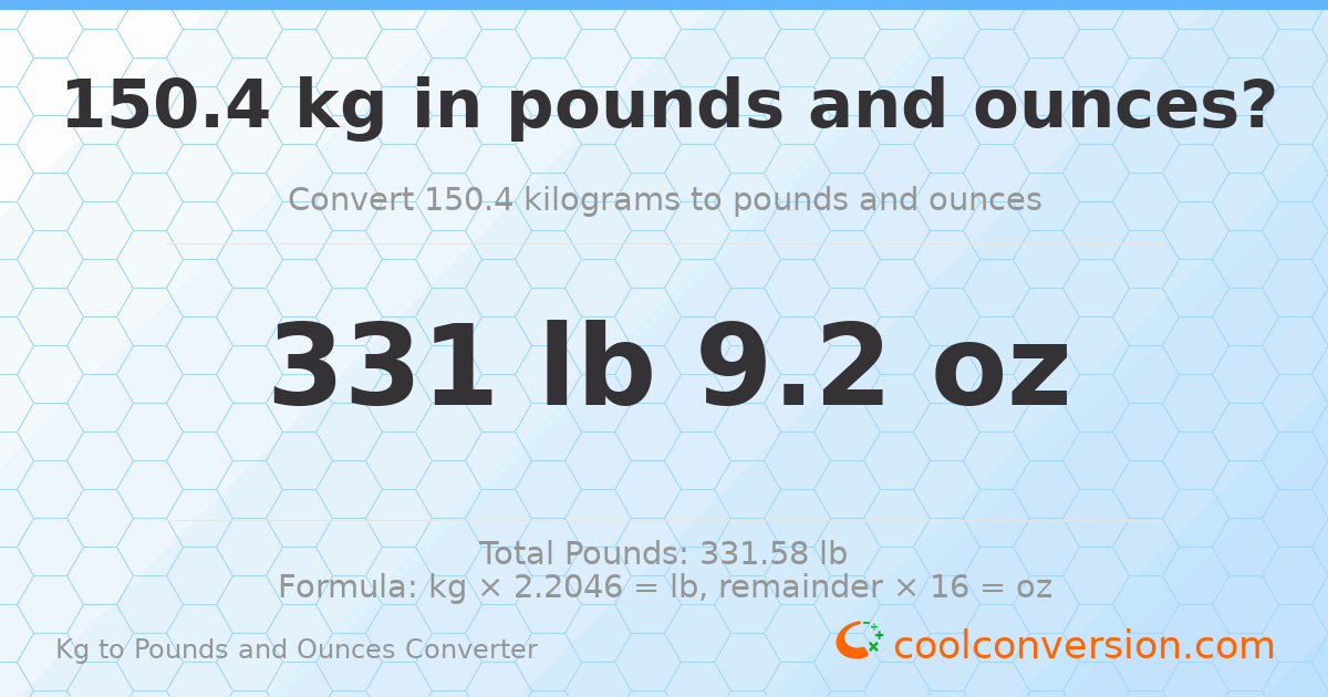 150.4 kg to lbs and oz — 150.4 kg = 331 lb 9.2 oz