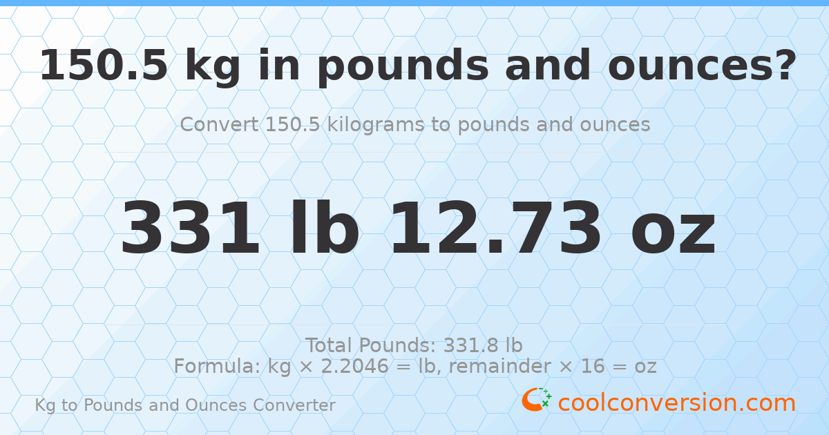 150.5 kg to lbs and oz — 150.5 kg = 331 lb 12.73 oz