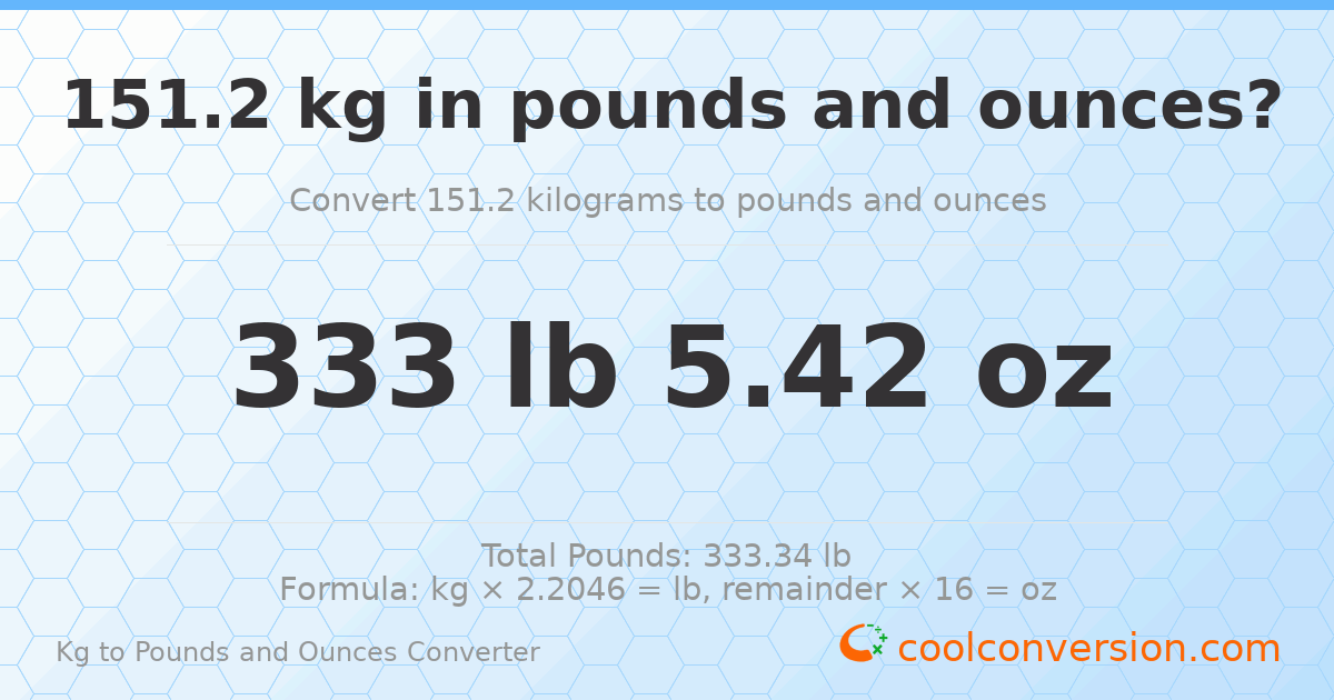 151.2 kg to lbs and oz — 151.2 kg = 333 lb 5.42 oz