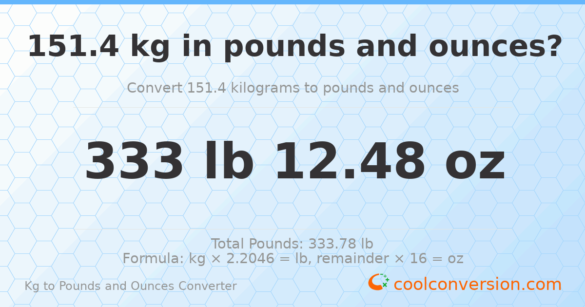 151.4 kg to lbs and oz — 151.4 kg = 333 lb 12.48 oz